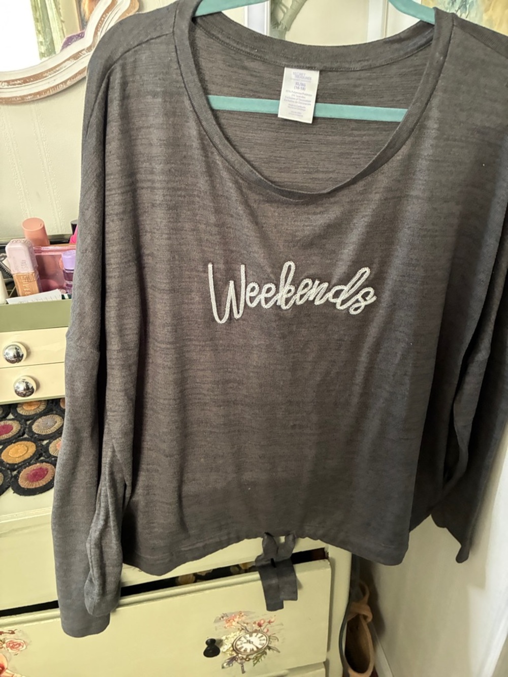 Secret Treasures Gray "Weekends" Scoop Neck Long-Sleeve Top